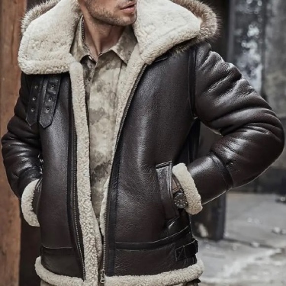 NWOT Brown Sheepskin Leather Shearling & Raccoon Fur B3 Bomber Jacket - Picture 2 of 15